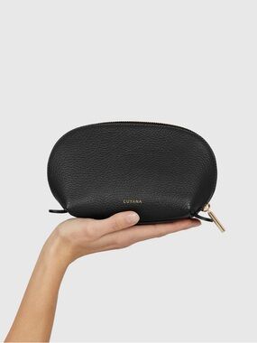 Cuyana Black Pebbled Leather Cosmetic Pouch with Gold Hardware
